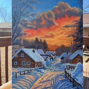 Winter Village Sunset Painting/Oil Painting/On Canvas